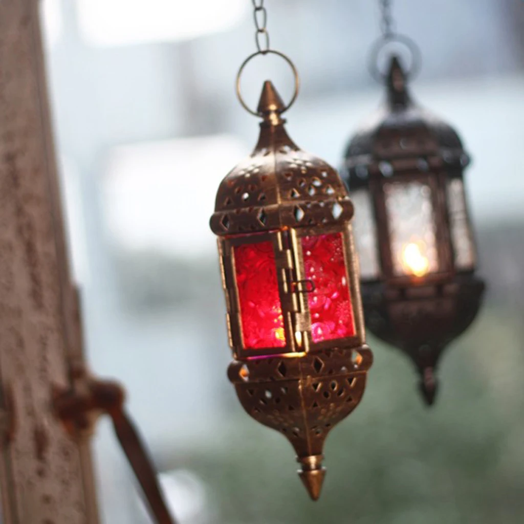 Retro Hanging Candle Lantern Metal Hollow Chandelier With 66cm Chain Moroccan Style For Garden or Porch