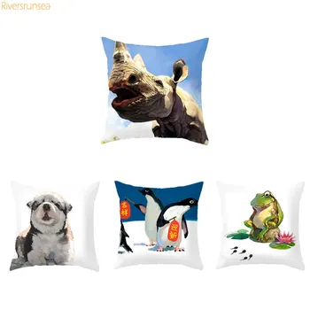 

Cute Penguins Printed Pillowcase Decorative Pillow Cover Fox Pillowcase Geometric Frog Pattern Cushion Cover