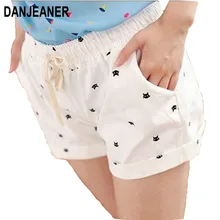 DANJEANER Free shipping 2018 New Summer Shorts With Cats Pattern High Waist Elastic Cotton Short Fresh Floral Women Shorts