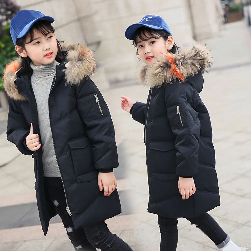 

New 2018 Fashion Children Winter Jacket For Girl Coat Kid Warm Colored Fur Collar Hooded Long Down Jackets For Teenage -20Degree