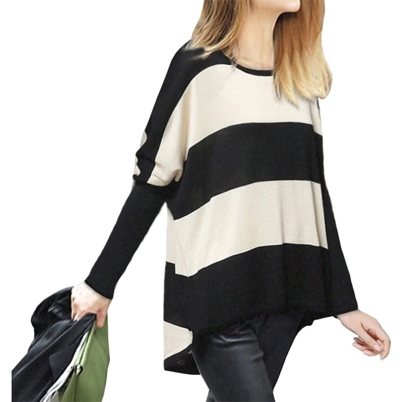 

women's Spring Autumn Sweater Women Blouse Europe America New Large Size Pullover Shirt Loose Bat Sleeve Striped Vestidos LXJ397