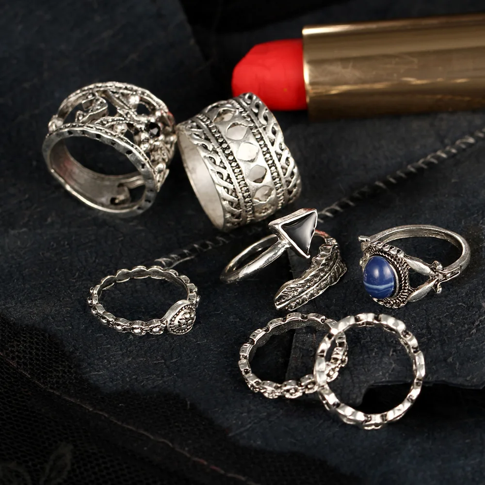 Набор колец на сустав пальца из античного серебра 7 шт. Женский треугольный