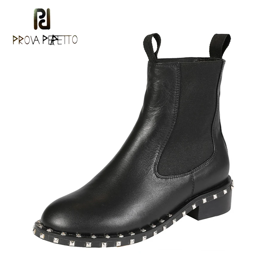 

Prova Perfetto black genuine leather chelsea short boots women winter shoes rivet stud low heel ankle boots females martin shoes