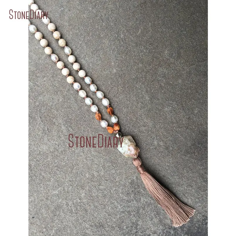 20180312-NM11006-Hand knotted Howlite, Pearl, Riverstone & Rudraksha Gemstone 108 Bead Mala green garnet meditation calming healing kundalini yoga white