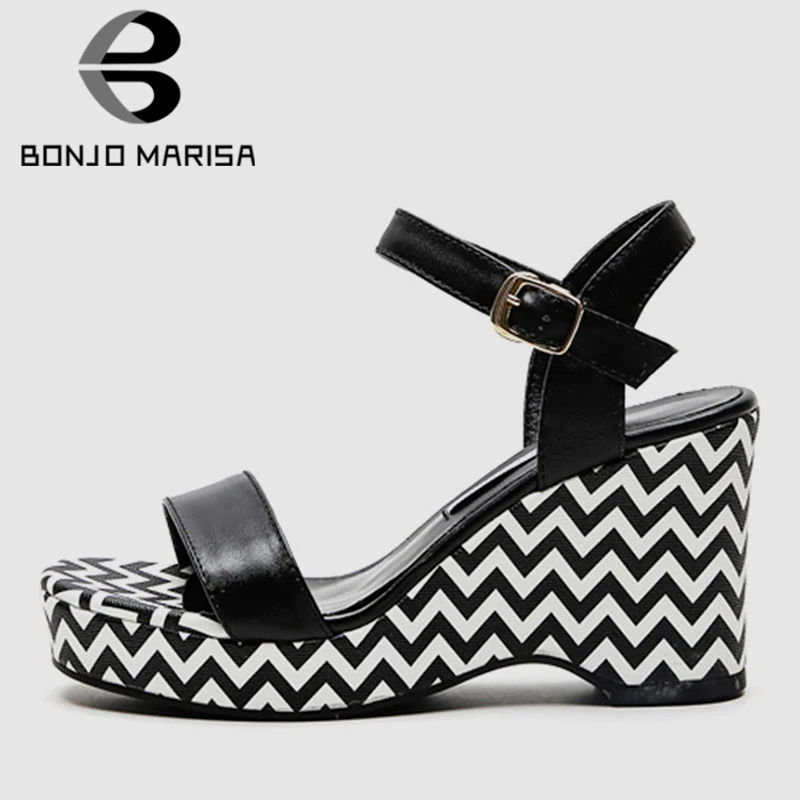 

BONJOMARISA New Big Size 33-42 Ladies Wedges High Heels Cow Leather Shoes Woman Casual Party Office Summer Sandals Shoes Femal