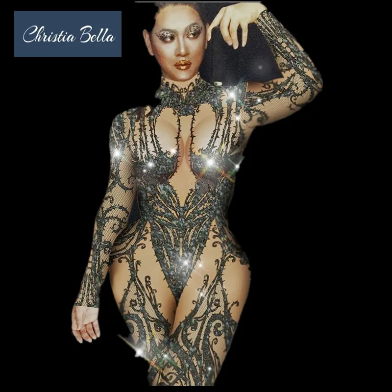 Christia بيلا مثير حجر الراين طباعة المرأة حللا حزب عارية داخلية ملهى ليلي أزياء رقص المرحلة الأداء الملابس
