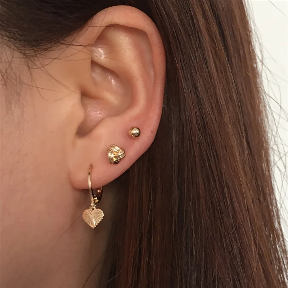 

CHIC GOLD COLOR PLATING SMALL BALL KNOT HEART 3 PAIR EARRING SET FOR WOMEN