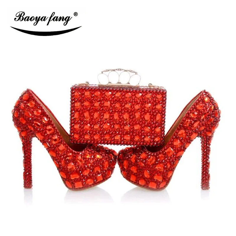 Buy Luxury Red cyrstal wedding shoes with matching bags woman fashion shoes