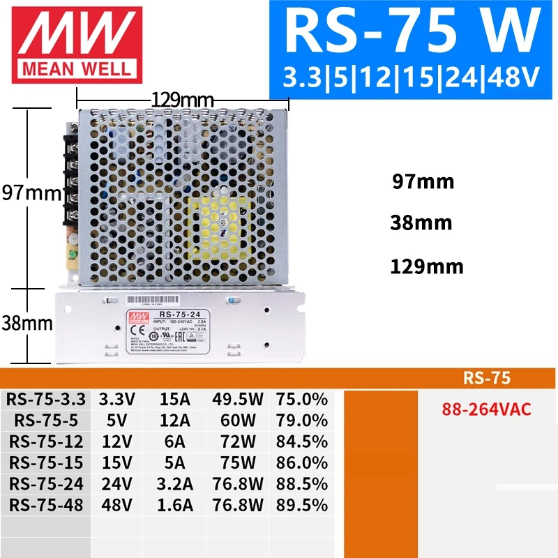 Бренд MEAN WELL представляет RS-75 100 150 3,3 V 5V 12V 15V 24V 36V 48 V meanwell RS-75 3,3 до 5 лет, 12 предметов в упаковке 15 24 36 48В одиночный Выход переключение Питание