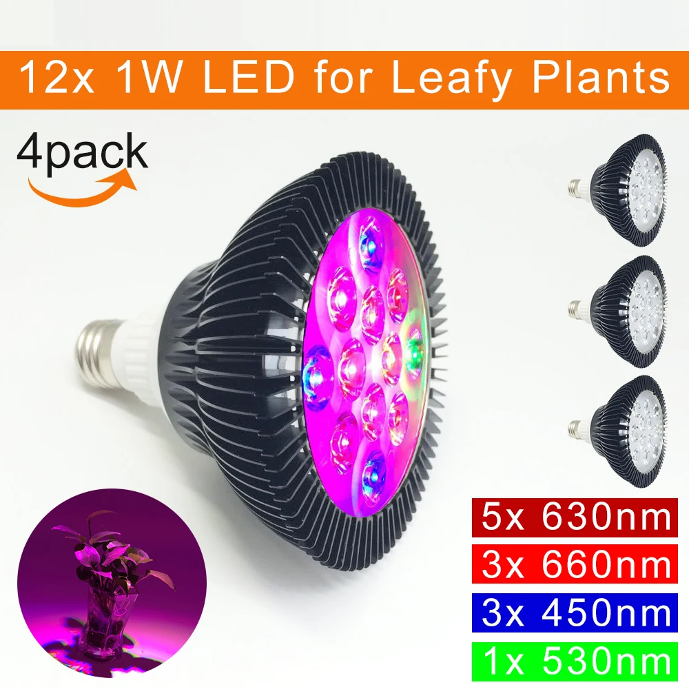 

4sets/lot 12W LED Growth Light Lamp for Leafy Plants E27 Base 4 Bands Plant Growing Bulb LED Plant Growth Lighting(A-4)