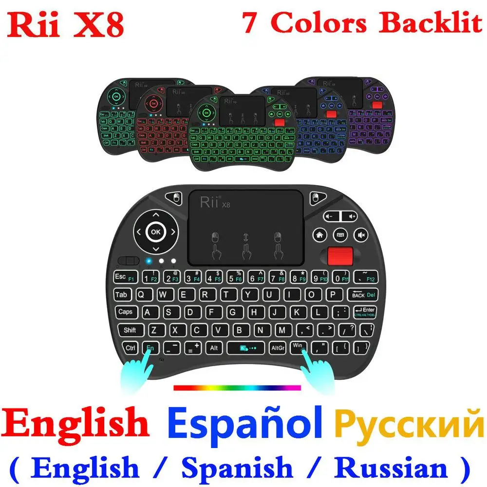 Koop Originele Rii I8x x8 RGB Backlit Draadloos Toetsenbord 2.4g Fly Air Mouse Handheld Touchpad I8 Gaming toetsenborden voor Android tv box