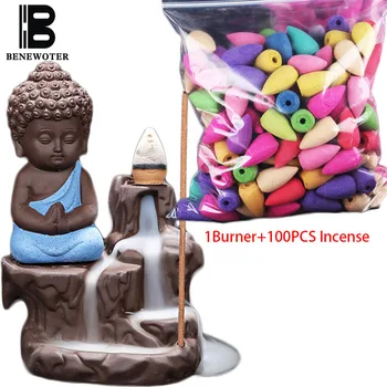 

100PCS Incense Cones + Incense Censer Chinese Ceramic Yixing Tathagata Monk Aroma Sandalwood Cone Backflow Stick Incense Burner