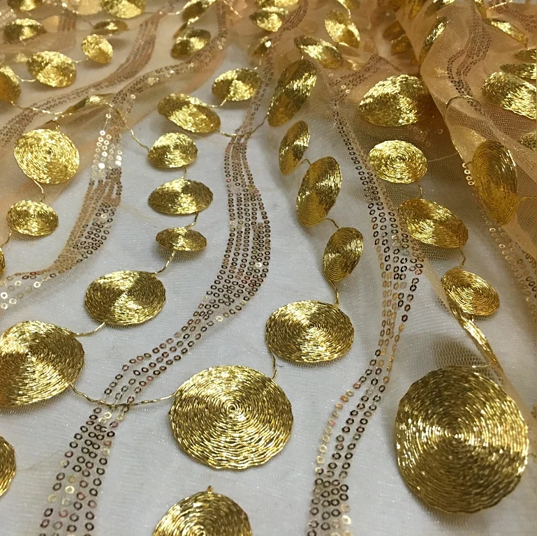 

Gold sequins bead piece of gauze Lace embroidery fabrics The circle wave embroidered dress fabrics