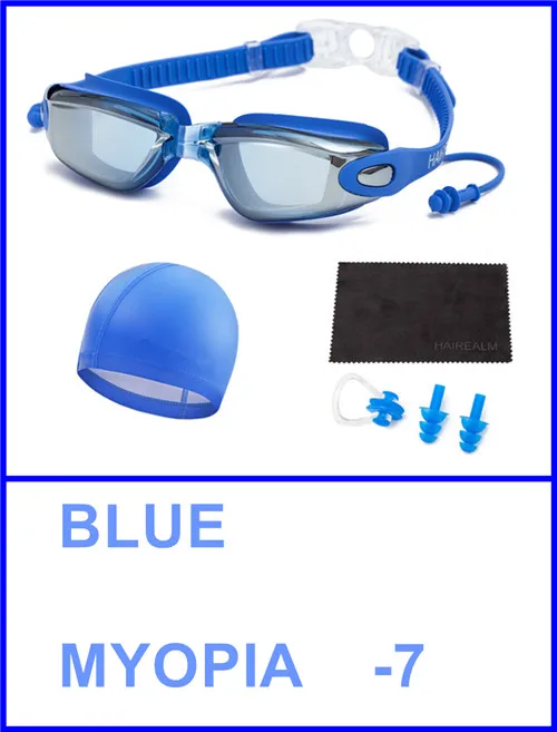 Blue SET Myopia 700 Очки для плавания ming(по рецепту 0-8,0 диоптрий), близорукие очки для плавания+ шапочка для плавания+ зажим для носа+ беруши+ Сухая ткань - Цвет: Blue SET Myopia 700