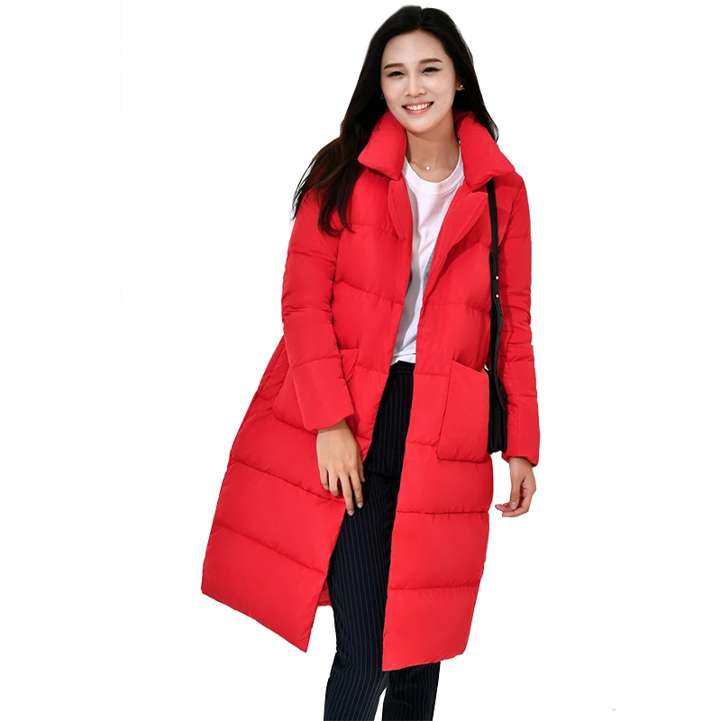 FTLZZ 2018 Winter New Ultra Light Duck Down Women Office Lady Stand Collar Overknee Loose Warm Parkas Coat Women