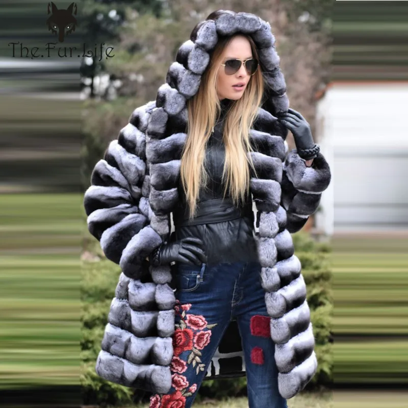 

Furealux Chinchilla Color Fur Coats For Women Rex Rabbit Fur Coat With Big Hood Real Fur Outwear Jackets Warm Winter New