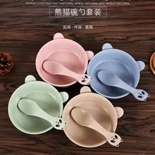 Набор столовых приборов из пшеничной соломы, миска с изображением панды из мультфильма, ложка для детей, анти-обжигающая микроволновая печь с защитой от падения