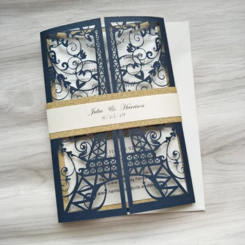 

Navy Blue Shimmer Laser Cut Tower Wedding Invitation with Glittery Belly Band Anniversary Invites