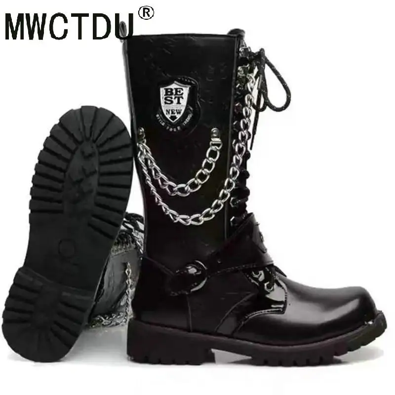 MWCTDU Army Boots Men High Military Combat Men Boots Mid Calf Metal Chain Male Motorcycle Punk Boots Spring Men's Shoes Rock