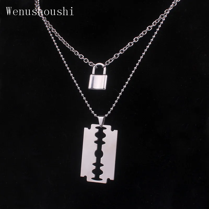 

( color do not fade ) layered chains hiphop Punk Stainless Steel Padlock Necklace men rock Lock Blade Necklaces for women di067