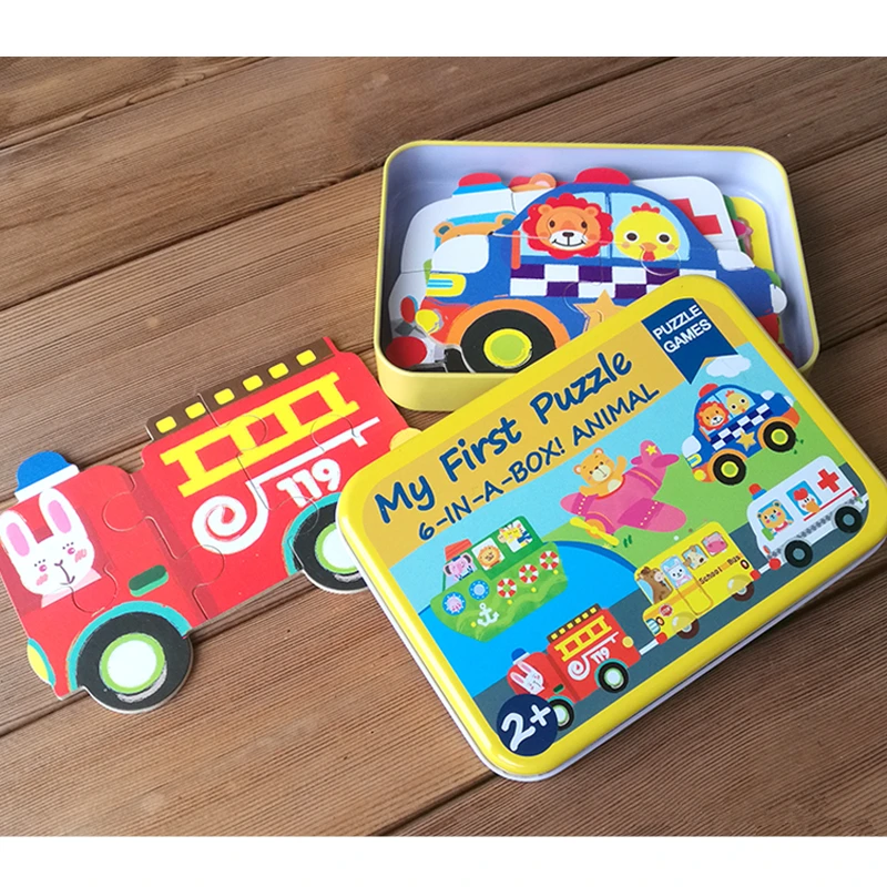 Children toys 6 in 1 box Puzzle Jigsaw Wooden Toys Cartoon Animals Traffic Puzzles Tangram Kids Educational Toy for Children