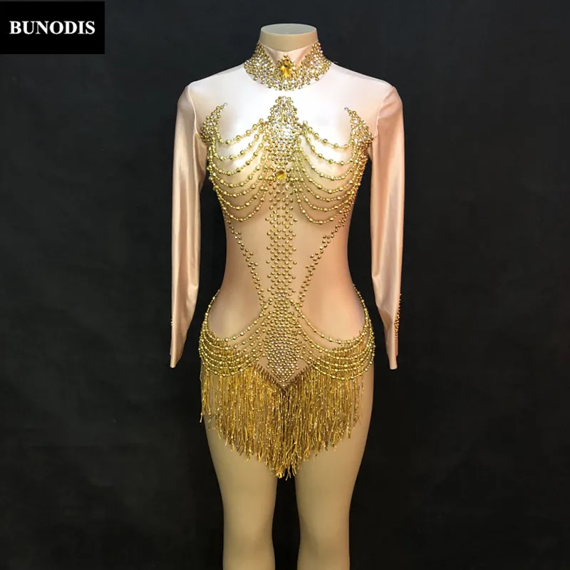 

ZD378 Women Sexy Skin Color Bodysuit Gold Tassel Sparkling Crystals Jumpsuit Nightclub Party Stage Wear Dancer Singer Costumes