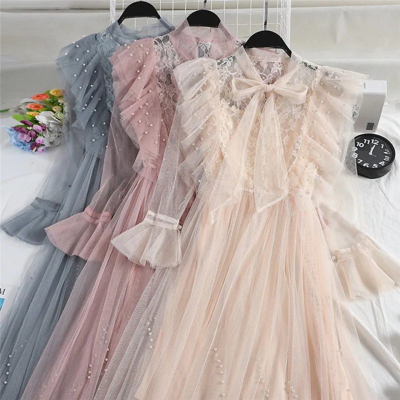 

Two Pieces Spring Women Long Pleated Dress Sweet Ruffles Tie Bow Lace Dress Female Long Sleeve Beading Mesh Dress Vestidos A1301