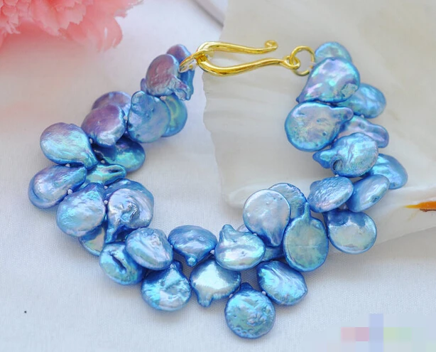 

free shipping 08664 2row coin blue Freshwater cultured pearl bracelet