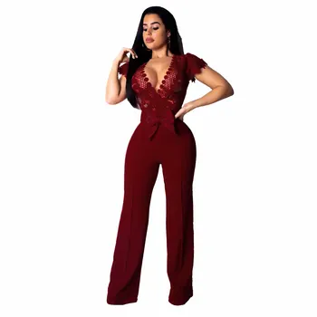 

Fashion Deep V Bowknot Front Lace Bodycon Jumpsuits Hollow Patchwork Long Romper Summer Women 2019 Sexy Wide Leg Overalls