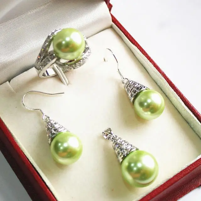 

Hot selling> Hot! elegant new jewelry silver plated + 12mm green shell pearl pendant, earring, , ring set -Bride jewelry free sh