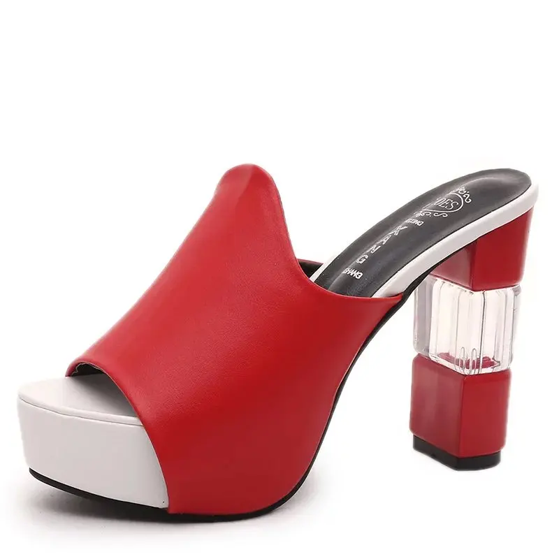 Шлепанцы с открытым носком; женская летняя обувь; женские шлепанцы на платформе; обувь на квадратном каблуке; женская обувь на высоком каблуке; schoenen vrouw - Цвет: Red