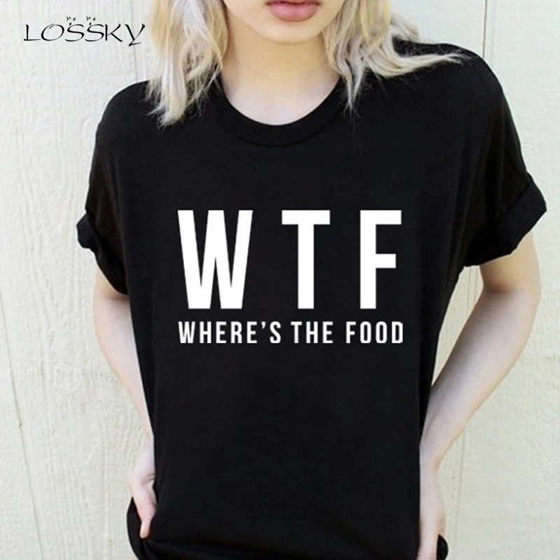 

Lossky T Shirts Women WTF Letter Print O Neck Short-sleeved T Shirt Streetwear Casual Summer White Loose Tee Top Plus Size Women
