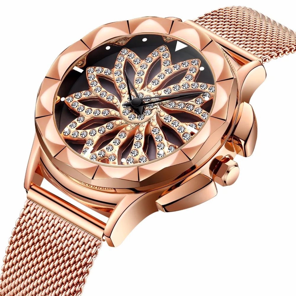 

Luxury BIDEN Lady's Rose Gold Watches Top Brand Fashion Minimalism Rhinestone Lotus Pattern Women's Waterproof Quartz Wristwatch
