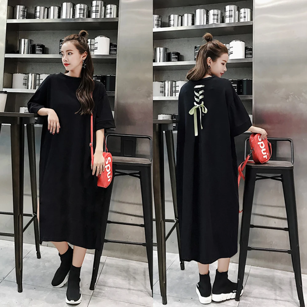 

Spring and summer new style Medium long loose large size women's clothing Lace-up short-sleeved dress T-shirt dress