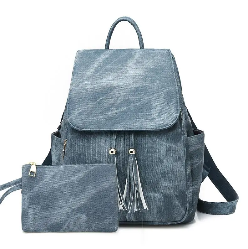 Модный комплект из 2 предметов, женский кожаный рюкзак, школьный ранец для девочек-подростков, женский рюкзак с кисточкой, Bolsas Mochilas - Цвет: Blue