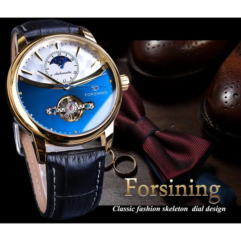 Forsining Tourbillon Blue Automatic Watch Men Classic Moonphase Design Genuine Leather Band Waterproof Business Wrist Watch Gift