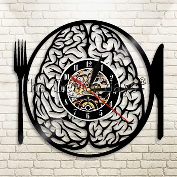 

1Piece Dont Eat My Brain Fork Knife Handmade Gift Modern Vintage Vinyl Clock LP LED Light Living Room Creative Wall Timepiece