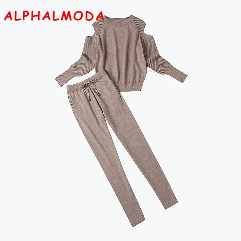 

ALPHALMODA 2018 Winter New Women's Knitting Tracksuits Off-shoulder Pullovers Knitted Jumper Solid Pants 2pcs Casual Clothes Set