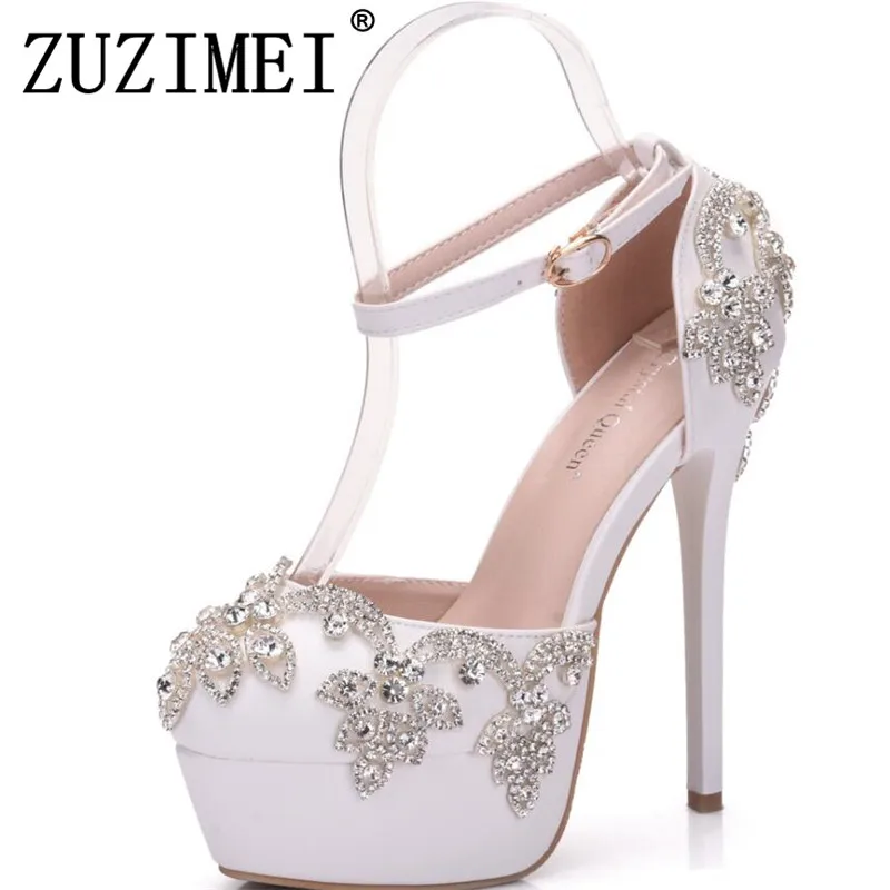 

Summer Sandals White Round Toe Bridal Wedding Women Shoes Crystal High Heel Dress Shoes Rhinestone Ankle Straps