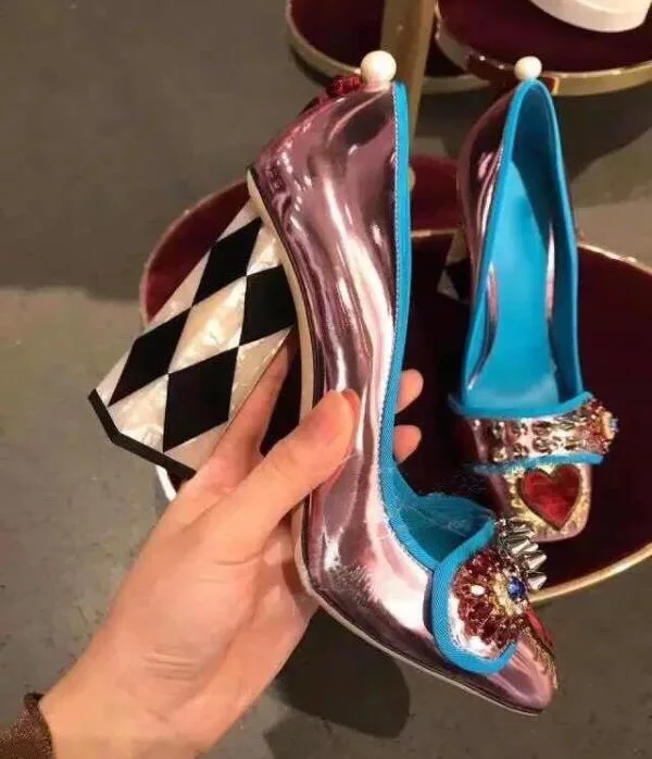 

Zapatos De Mujer Women Shoes Chunky Square High Heel Mirror Patent Leather Crystals Ladies Pumps Rivets Wedding Shoes Bride