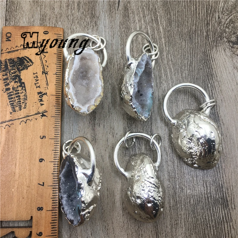 Природный кулон agates druzy Geode кулон, необработанный кварц Druse Амулеты с посеребренной отделкой петля MY1954