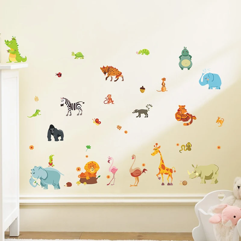 

Jungle Animals Wall Stickers For Nursery Kids Room Decoration DIY Safari Home Poster Monkey Elephant