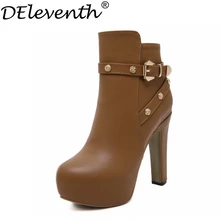 2016 Fashion New Metal Flower Boots Round Toe High Heels Buckle Cross Strap Soft Leather Square Heels Size34 Brown Black