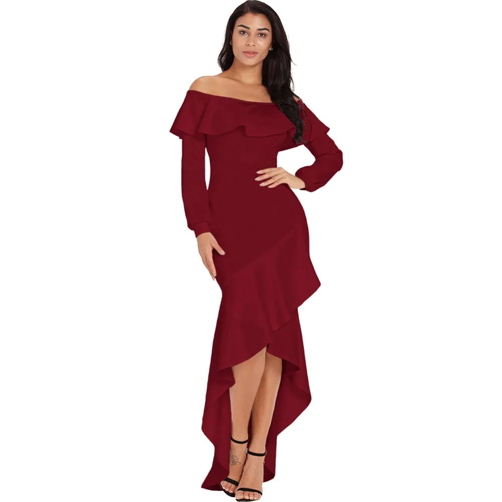 Plus size long red dress with shoulder ruffles women