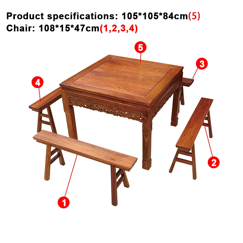 5 Pcs/Set Red Solid Wood Furniture 1 Square Table 4 Chairs Antique Dining Room Furnishings Hedgehog Rosewood Dining Tables 5 Pcs/Set Red Solid Wood Furniture 1 Square Table 4 Chairs Antique Dining Room Furnishings Hedgehog Rosewood Dining Tables