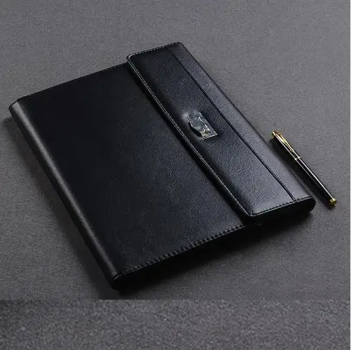 

high-quality leather padfolio A4 manager folder briefcase document bag filing holder with calculator foldable cover black W012