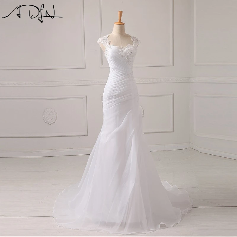 

ADLN Elegant Scoop Mermaid Wedding Dresses With Pleat Cap Sleeve Illusion Back White/Ivory Organza Bridal Gown Vestidos de Novia