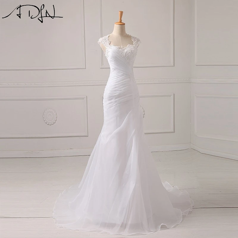 2015 Scoop Chiffon Mermaid Wedding Dresses With Lace Pleat Cap Sleeve Court Train Bridal Gowns
