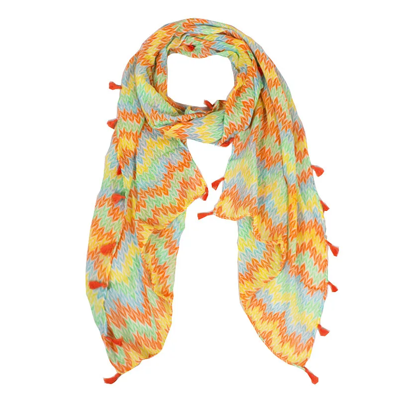 

New Fashion Yellow Tassel Striped Print Polyester Women Winter Scarf Lightweight Long Warm Soft Scarves 180*50cm