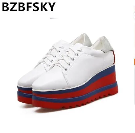 

2019 Platform Wedges Shoes 7CM Woman's High Heels Fashion Square Toe Lace Up Platform Heels Casual Women Creepers
